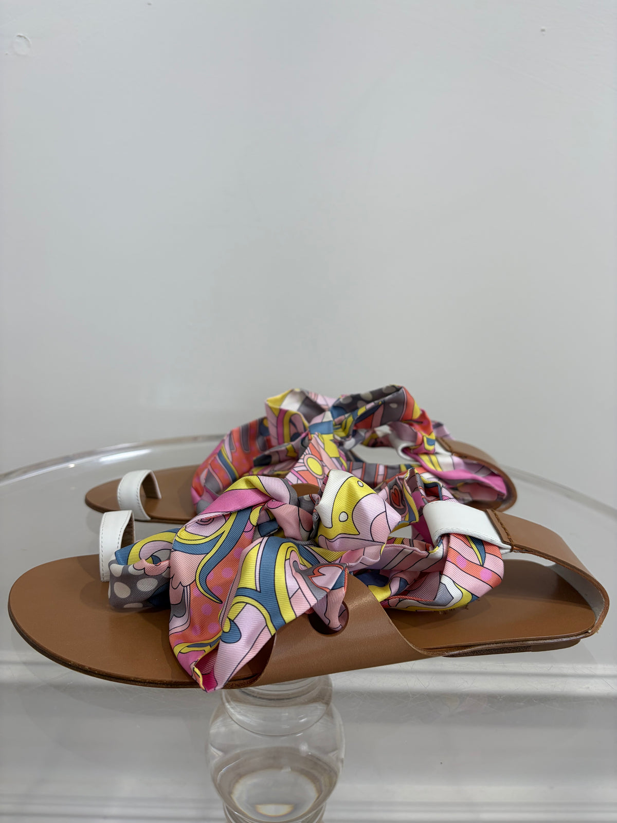 Hermès Tan Leather and Silk Lace Up Sandals, 38