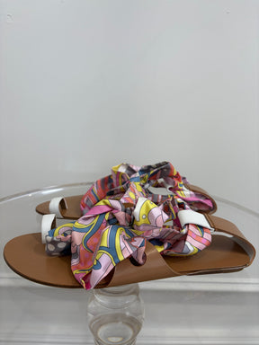 Hermès Tan Leather and Silk Lace Up Sandals, 38