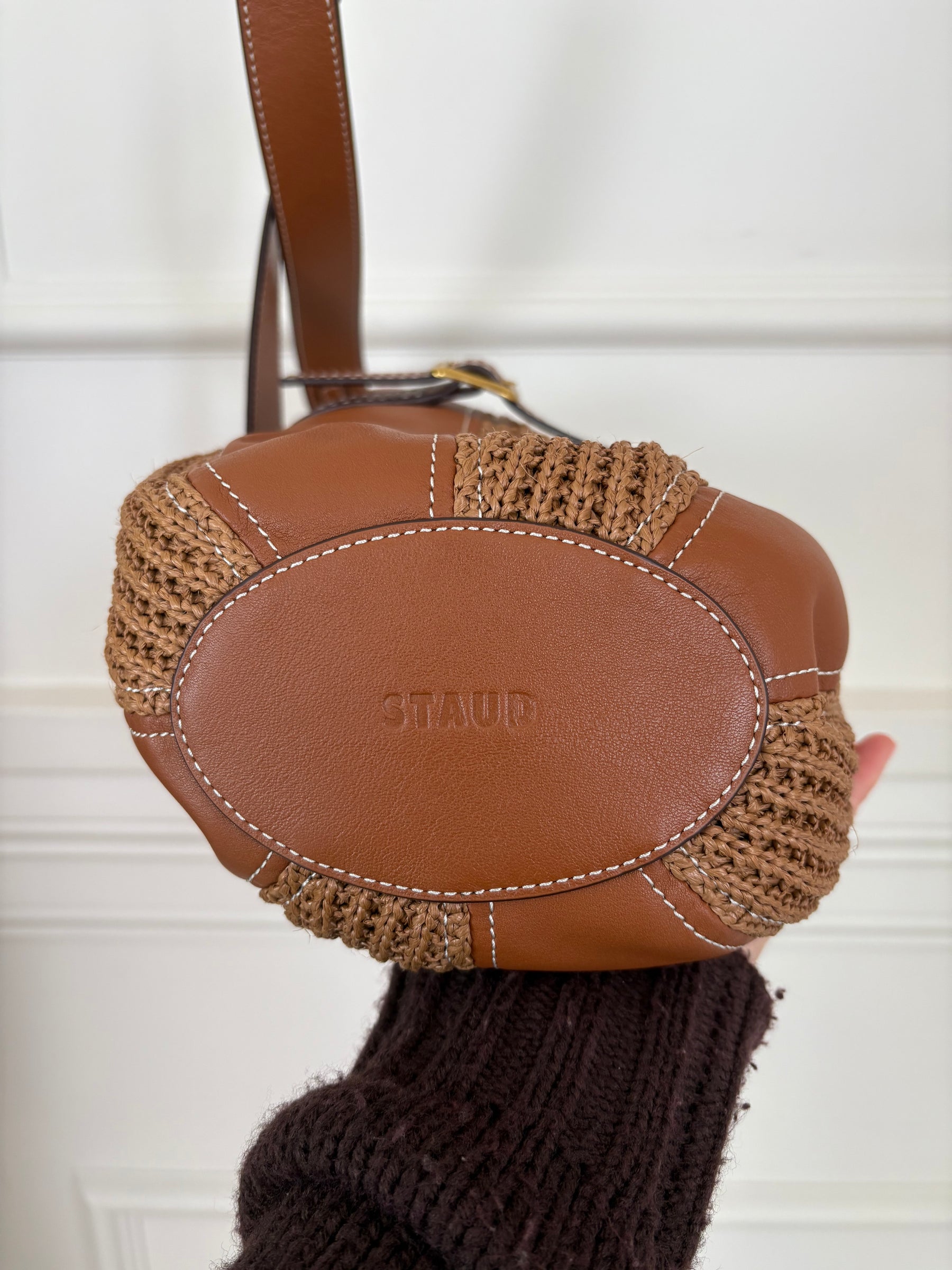 STAUD Tan Leather and Raffia Bucket Shoulder Bag