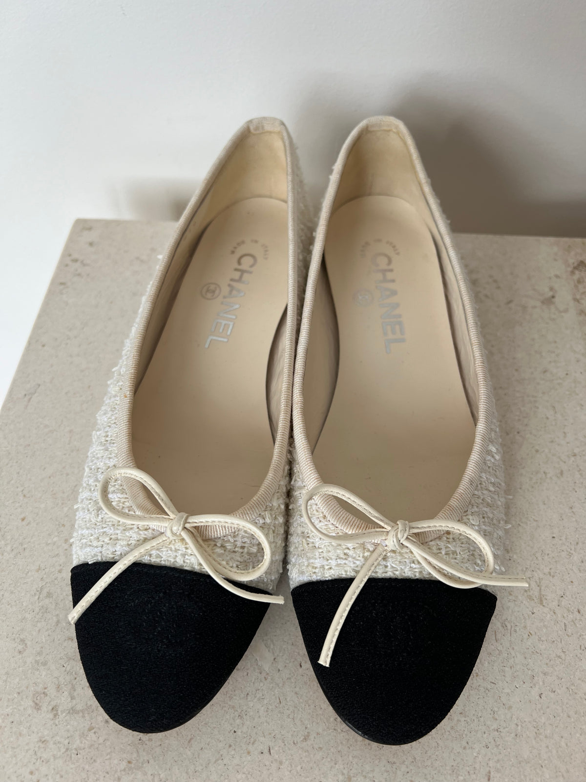 Chanel Cream Tweed Logo Ballet Flats, 37C