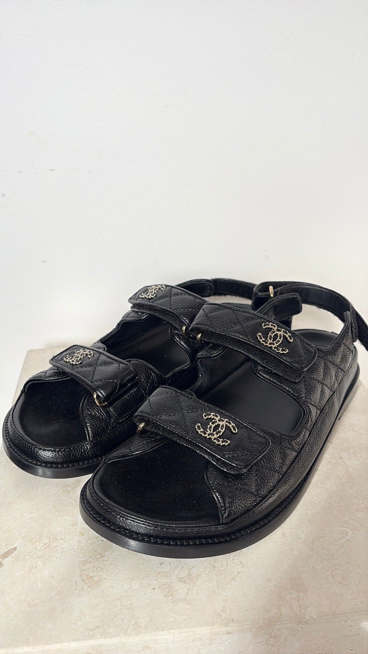 Chanel Black Caviar Leather Dad Sandals, 40 C