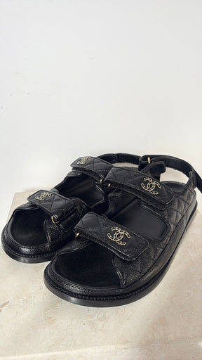 Chanel Black Caviar Leather Dad Sandals, 40 C