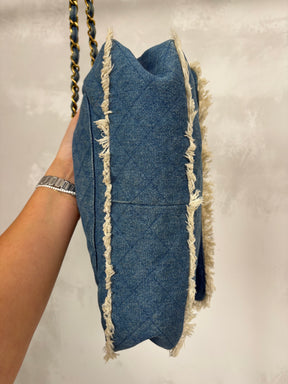 Chanel Blue Denim Cream Fringed Bag