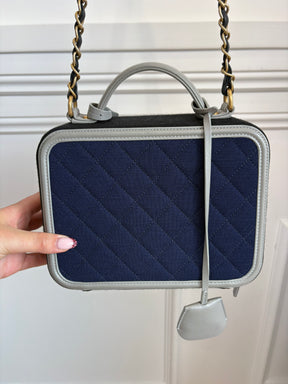 Chanel Black and Navy Jersey and Grey Leather Vanity Bag