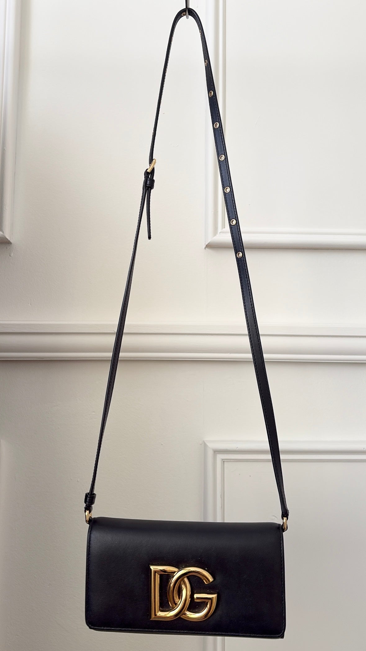 Dolce & Gabbana Black Leather Gold Logo Crossbody Bag