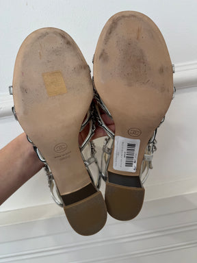 Chanel Silver Chain leather Block Heel Sandals, 38.5C