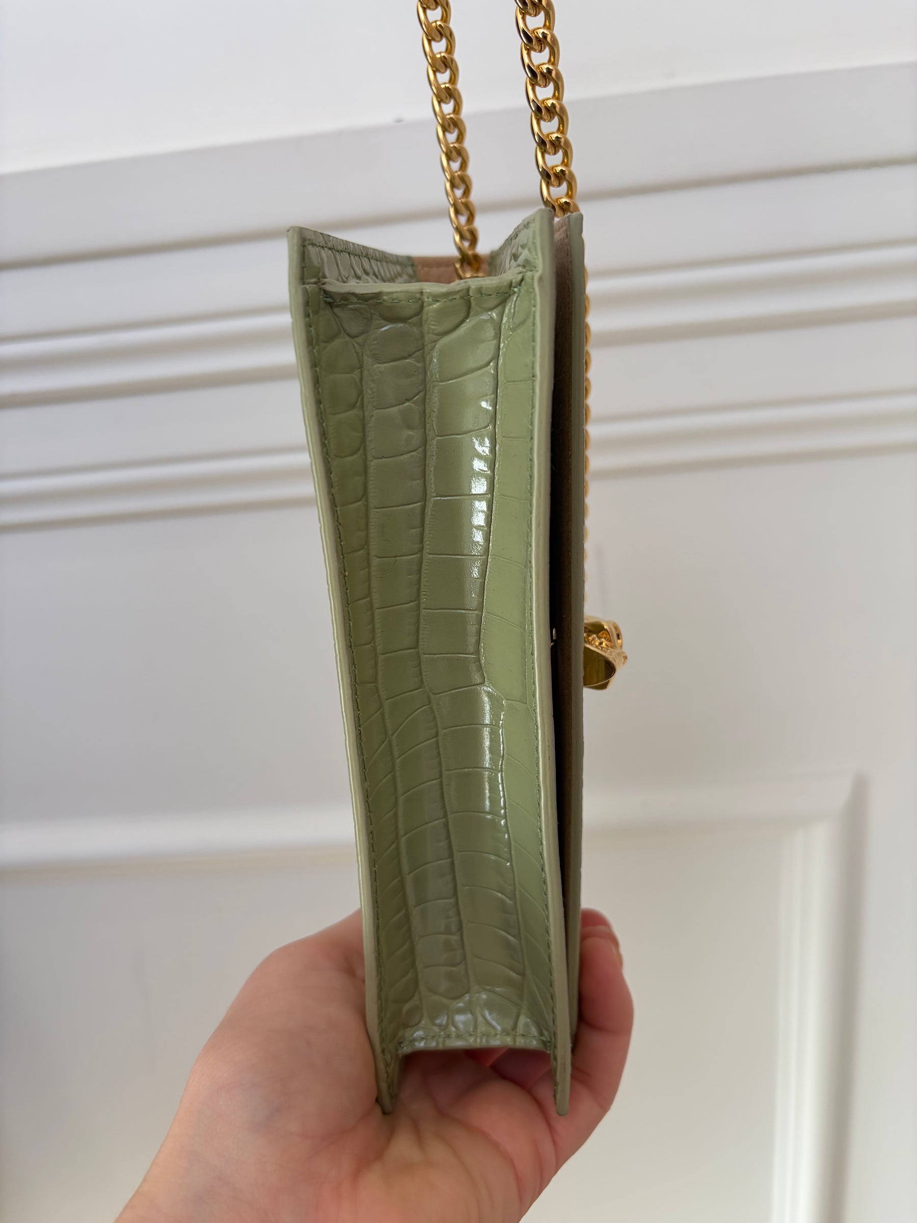 Alexander McQueen Sage Green Mock Croc Crossbody Chain Bag