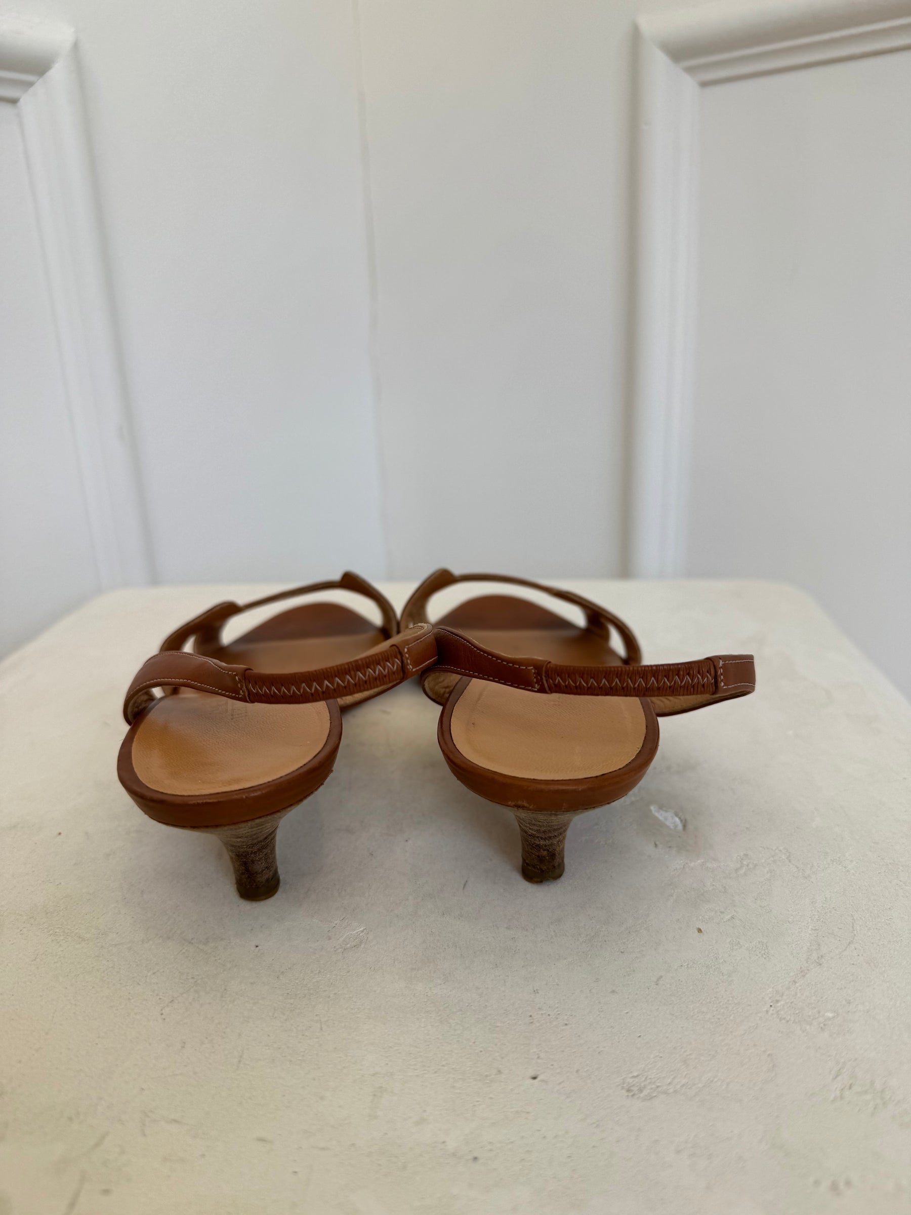 Hermès Tan H Slingback Kitten Heel Sandals, 38