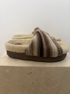 Chloé Brown and Cream Knit Shearling Wavy Slides, 37