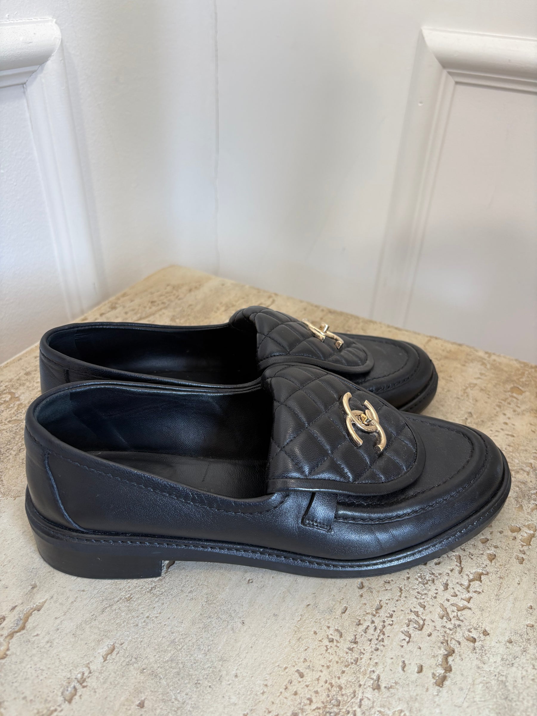 Chanel Black Quilted CC Turn Lock Loafers, 39C