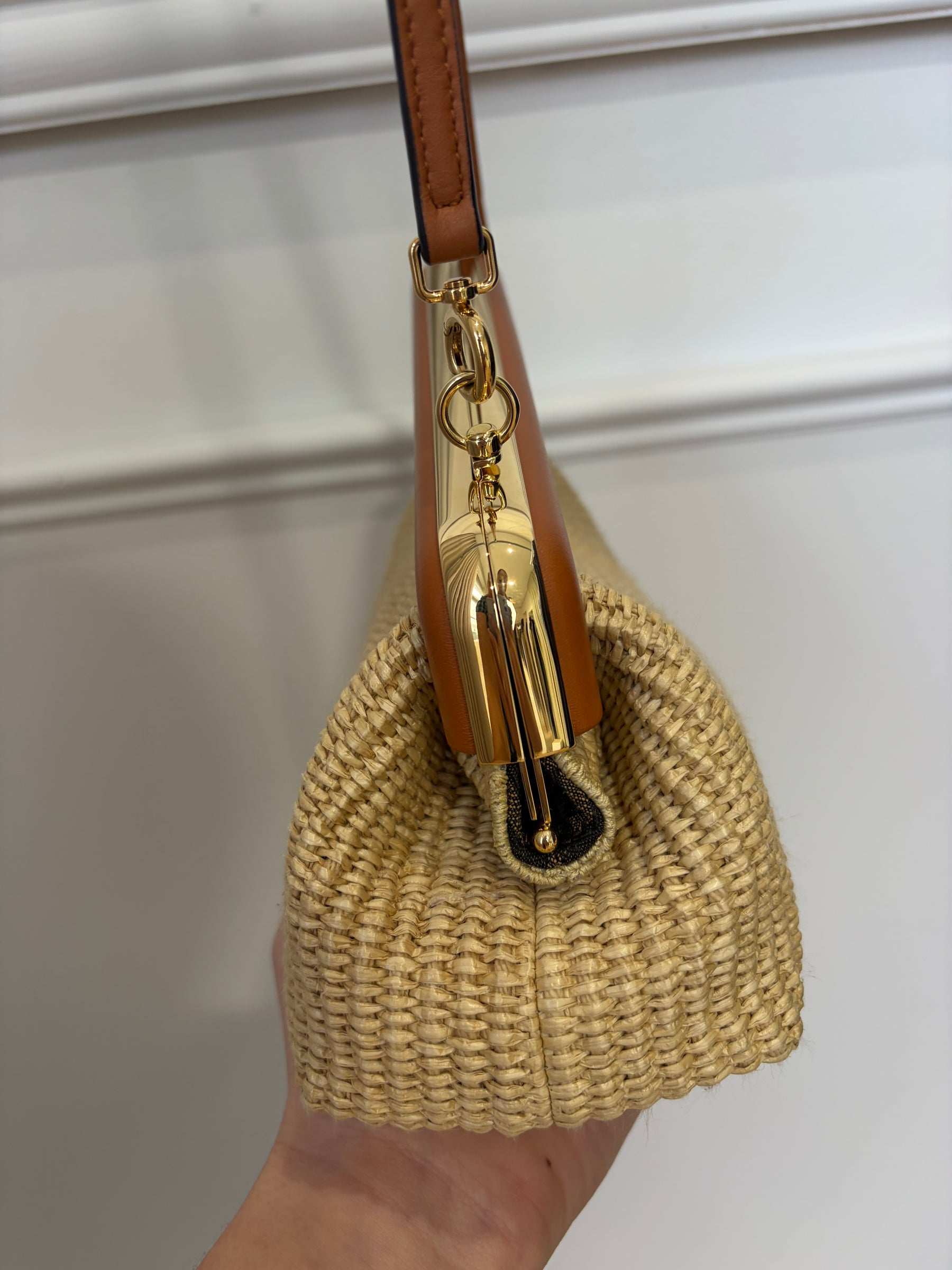 Fendi First Raffia and Tan Leather Small Crossbody Pouch