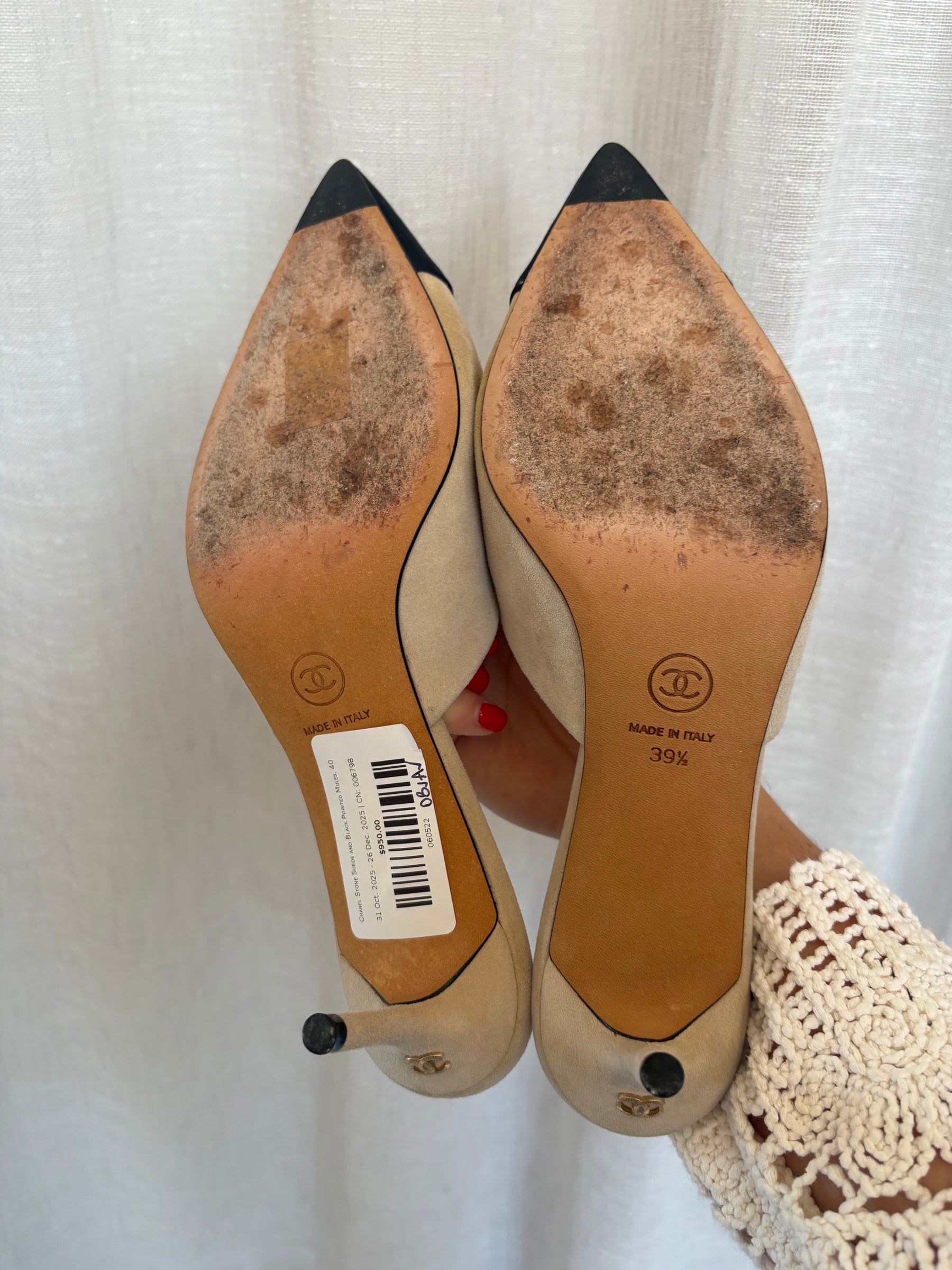 Chanel Stone Suede and  Black Pointed Mules, 40