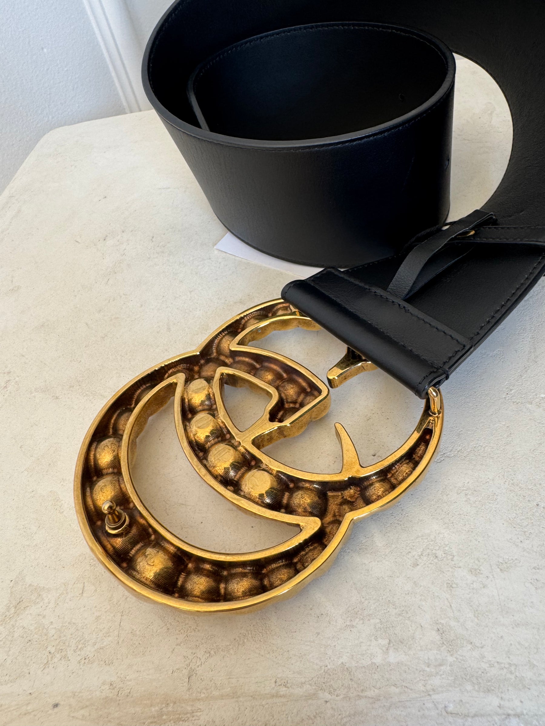 Gucci Black Leather Pearl Embellished XL Marmont Belt, 75