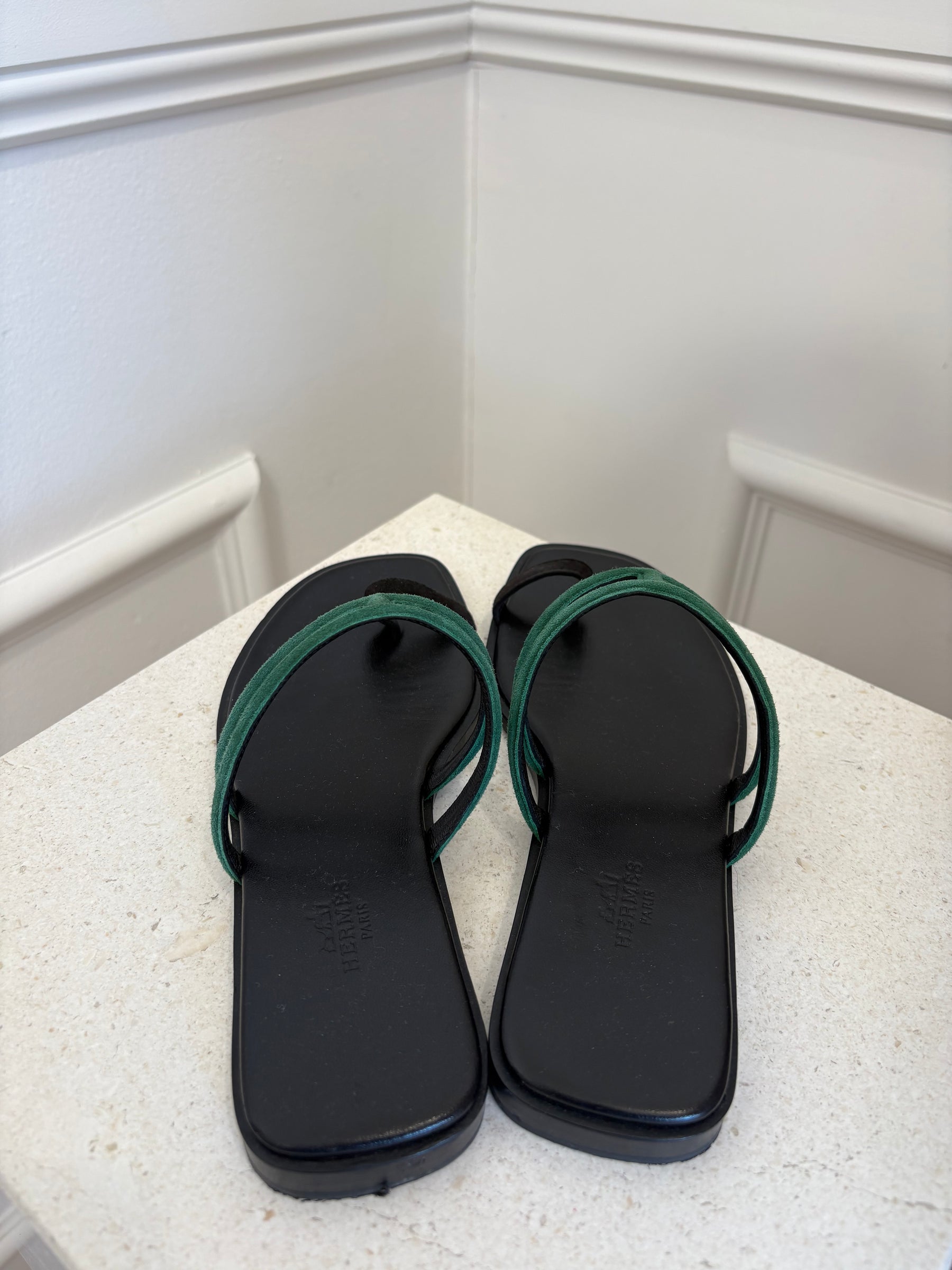 Hermès Black and Emerald Suede Slides, 36