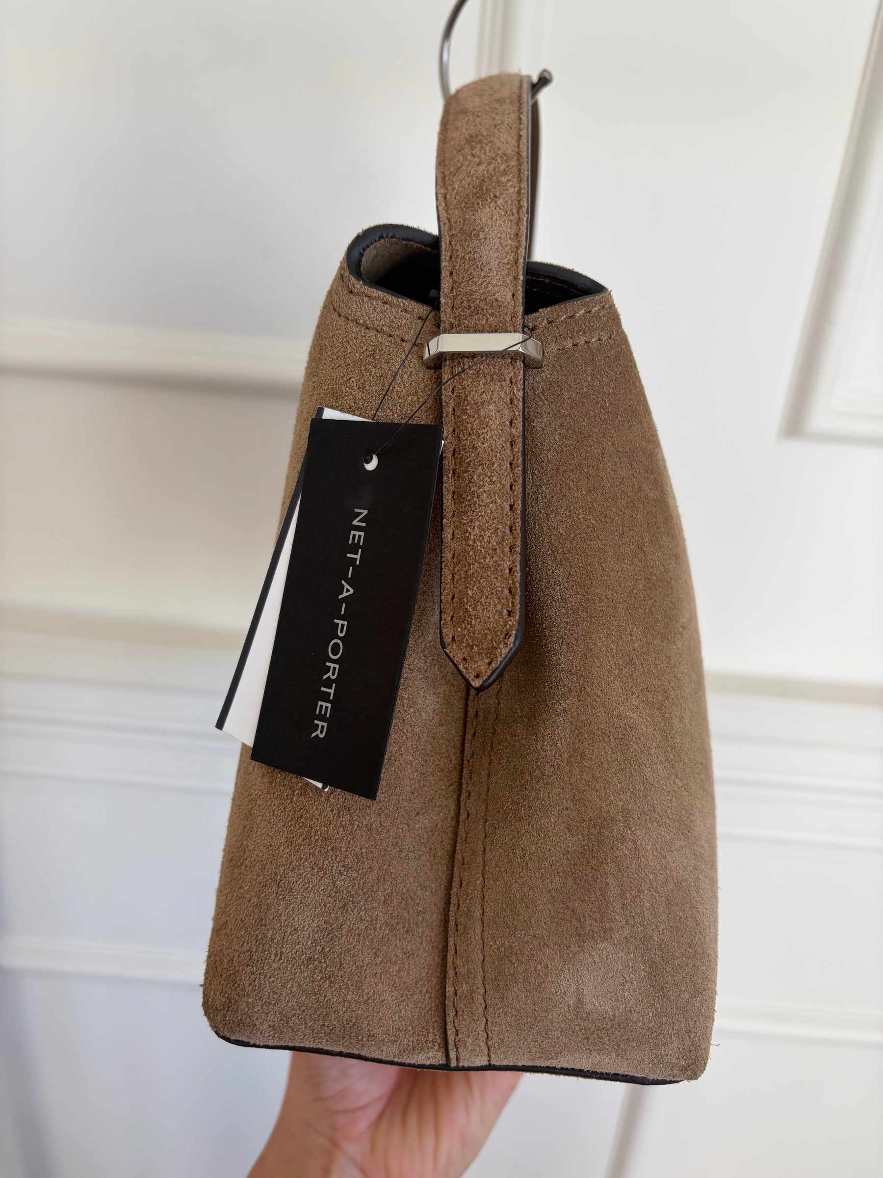 Totême T Lock Suede Top Handle Bag in Tobacco