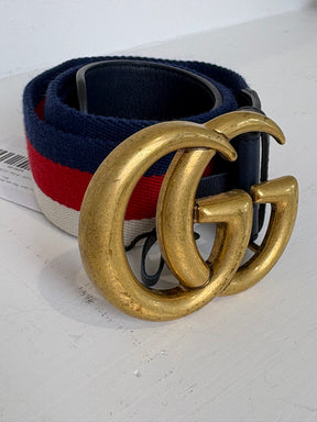 Gucci Navy, Red and White Canvas Strap Marmont Belt, 90