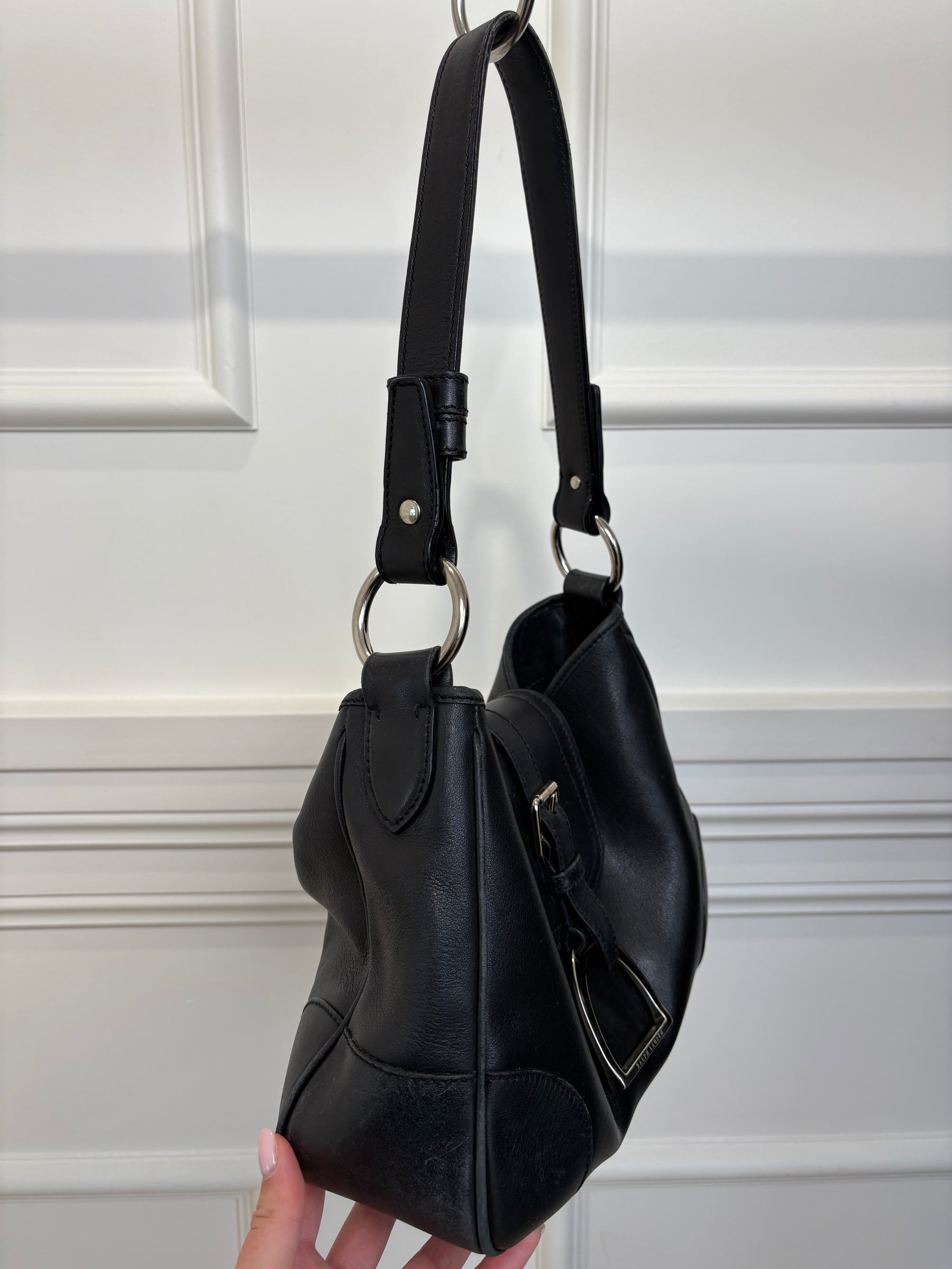 Ralph Lauren Vintage Black Leather Silver Stirrup Shoulder Bag