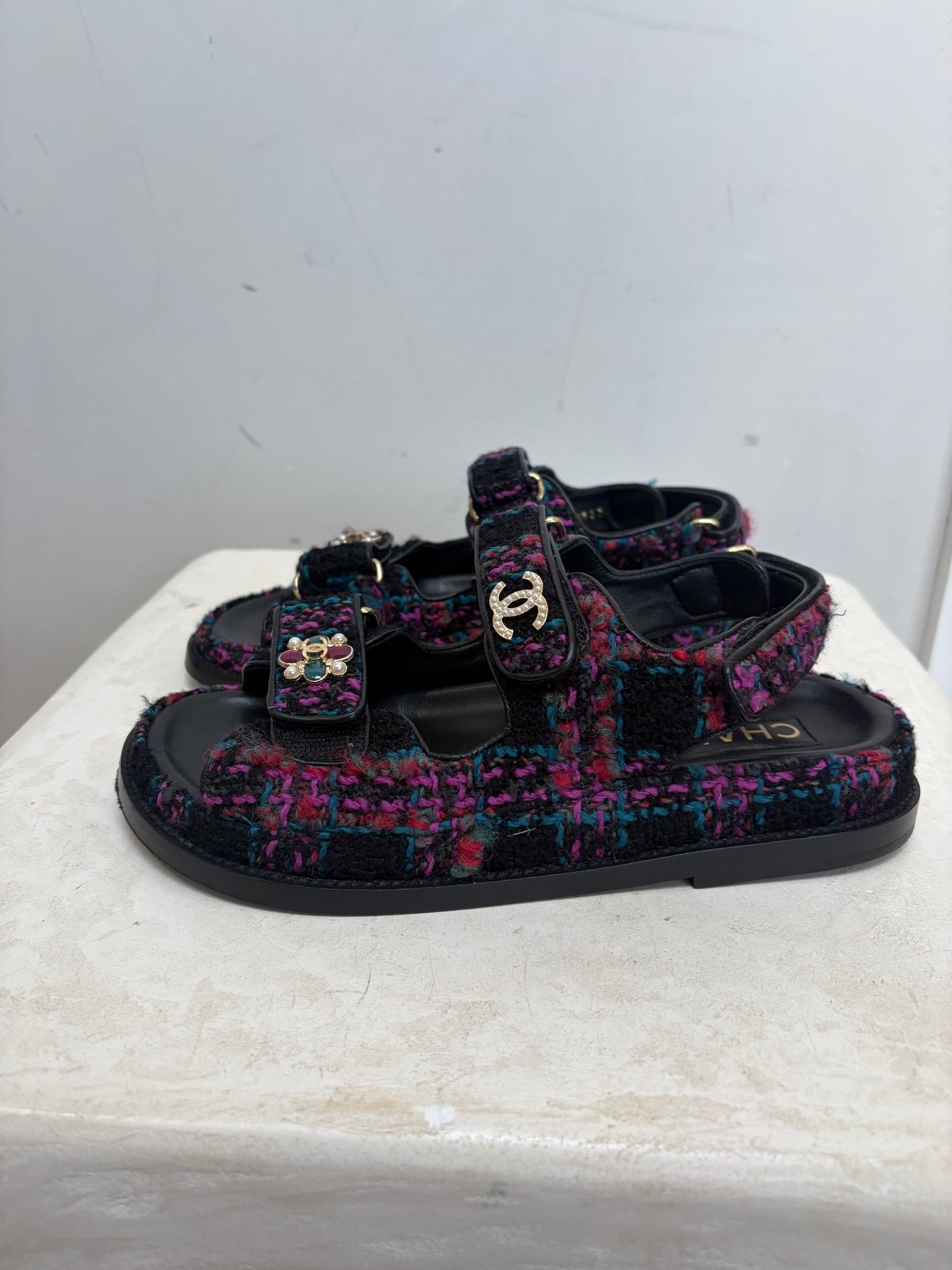 Chanel Black Purple and Green Tweed Dad Sandal, 36 C