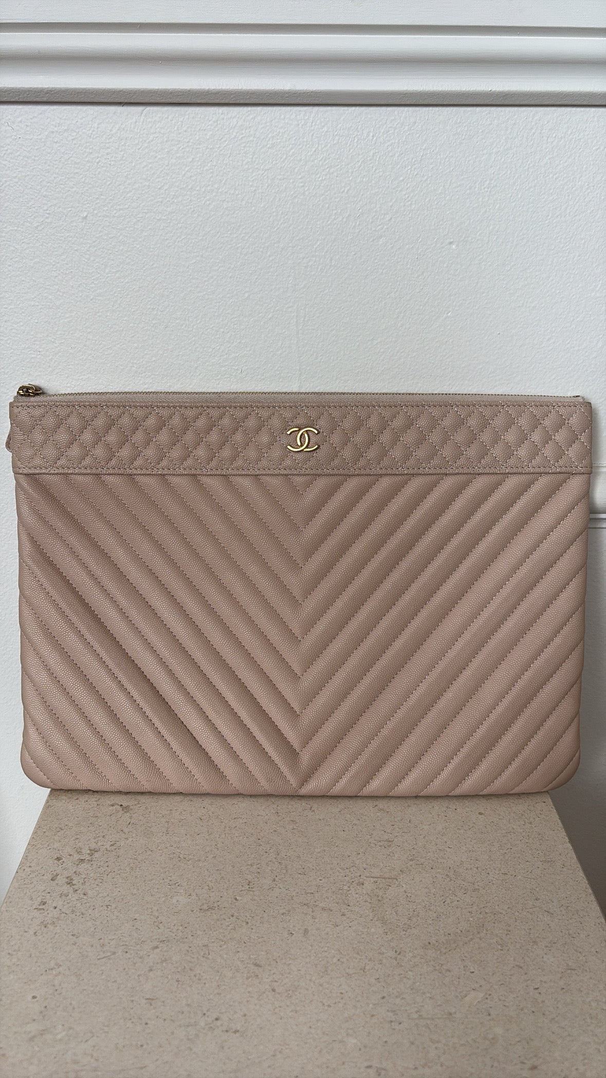 Chanel Biege Caviar Chevron Quilted  Zipped Pouch