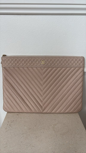 Chanel Biege Caviar Chevron Quilted  Zipped Pouch