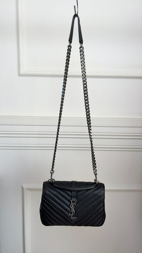 Saint Laurent Black Chevron Leather Medium College Bag