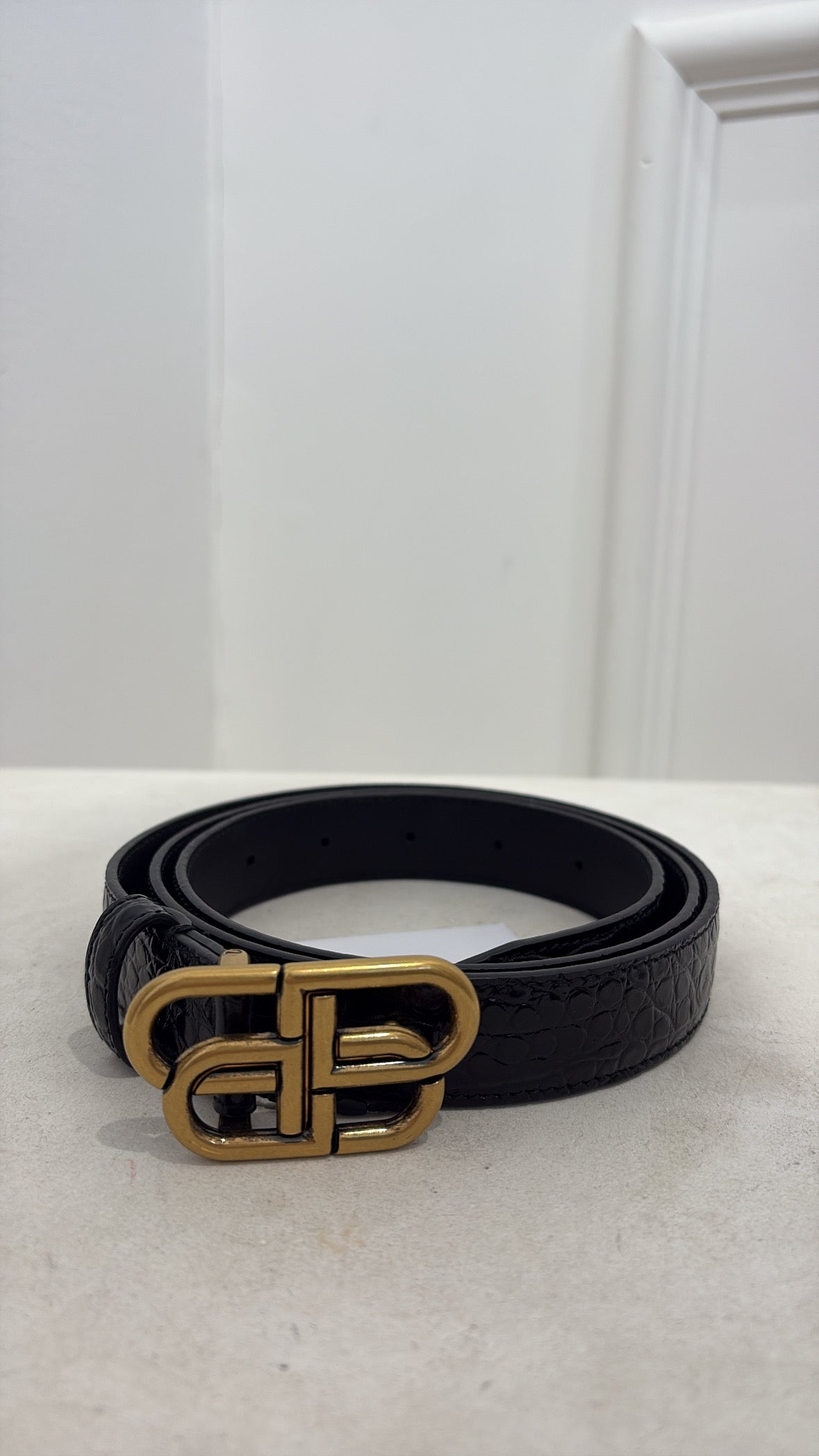 Balenciaga Black Croc Embossed Leather Logo Belt, 95