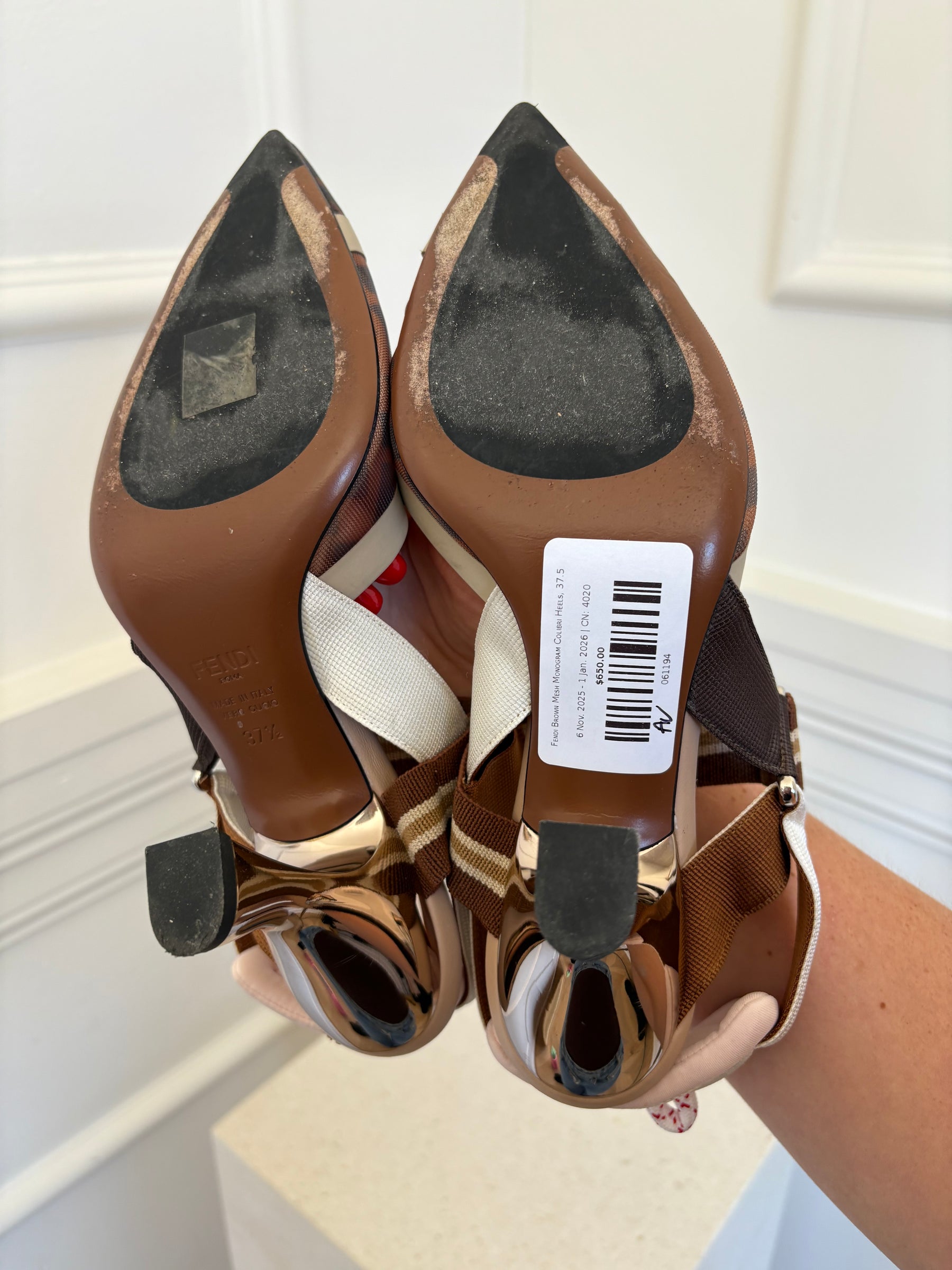 Fendi Brown Mesh Monogram Colibri Heels, 37.5