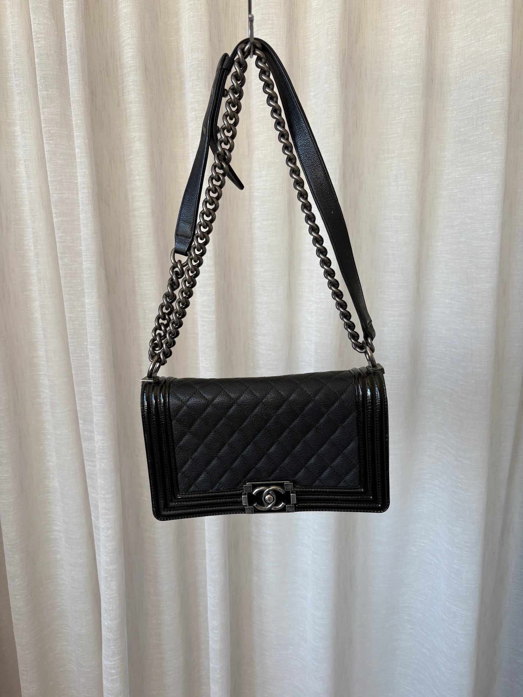 Chanel Black Patent Trim Grained Leather Medium Boy Bag