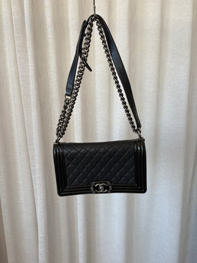 Chanel Black Patent Trim Grained Leather Medium Boy Bag