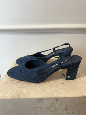 Chanel Blue Denim Heeled Slingbacks, 39.5C