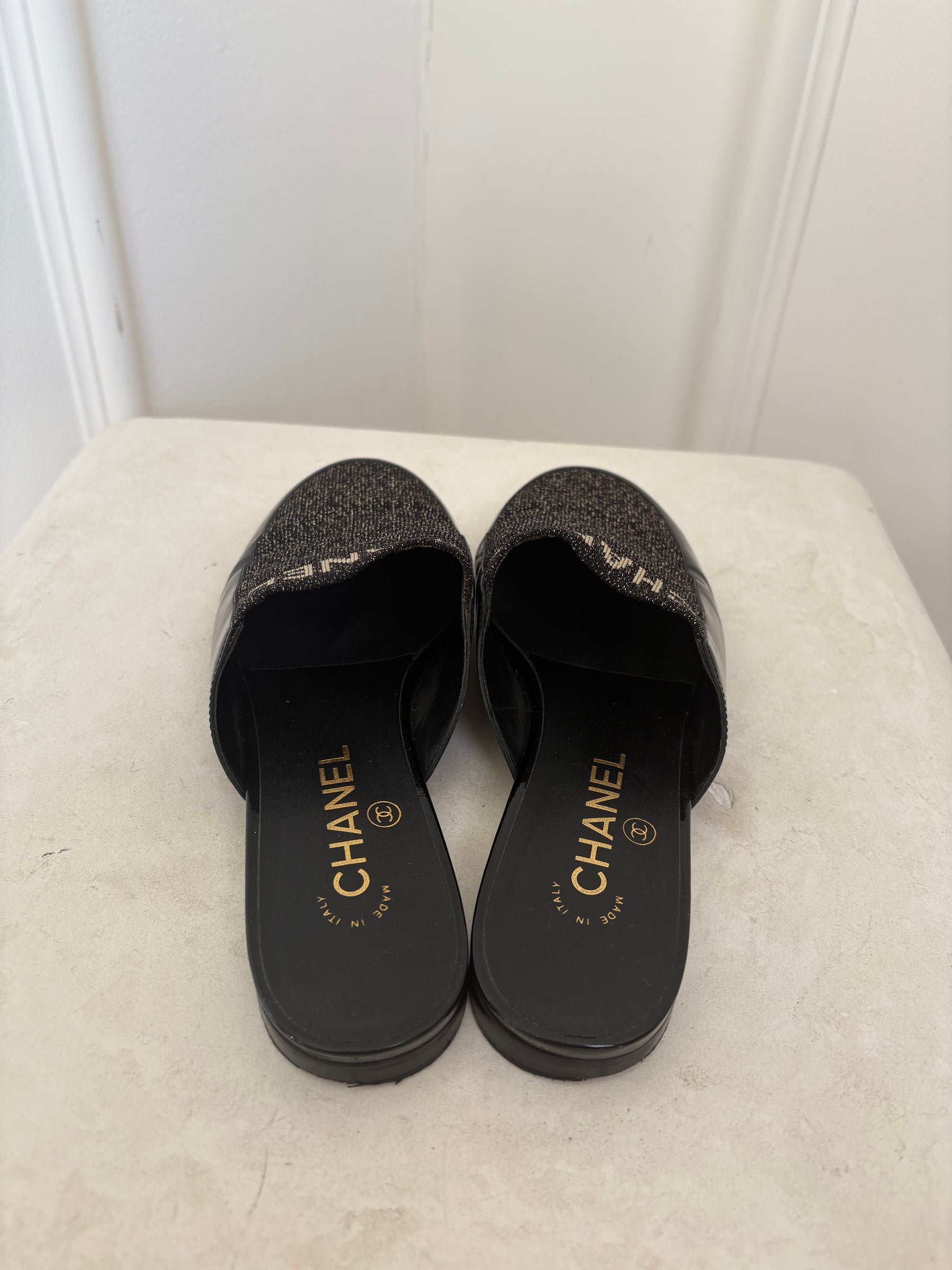 Chanel Black Patent and Knit Lurex Logo Mules, 39 C
