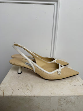 Jimmy Choo Raffia and White Leather Pointed Slingbacks, 41