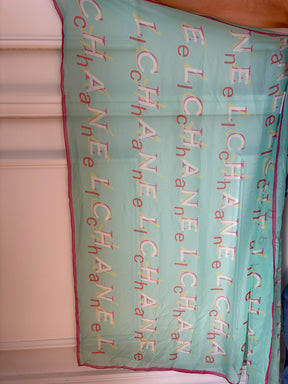 Chanel Aqua and Pink Square Logo Scarf