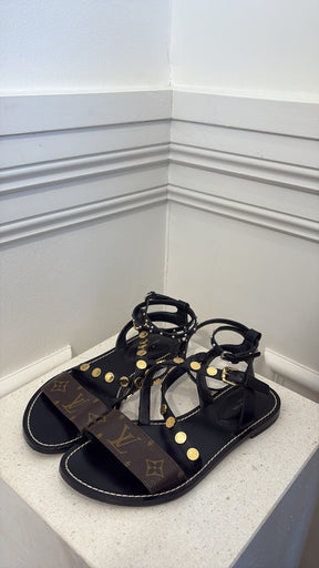 Louis Vuitton Canvas Monogram and Black Leather Studded Sandal, 38