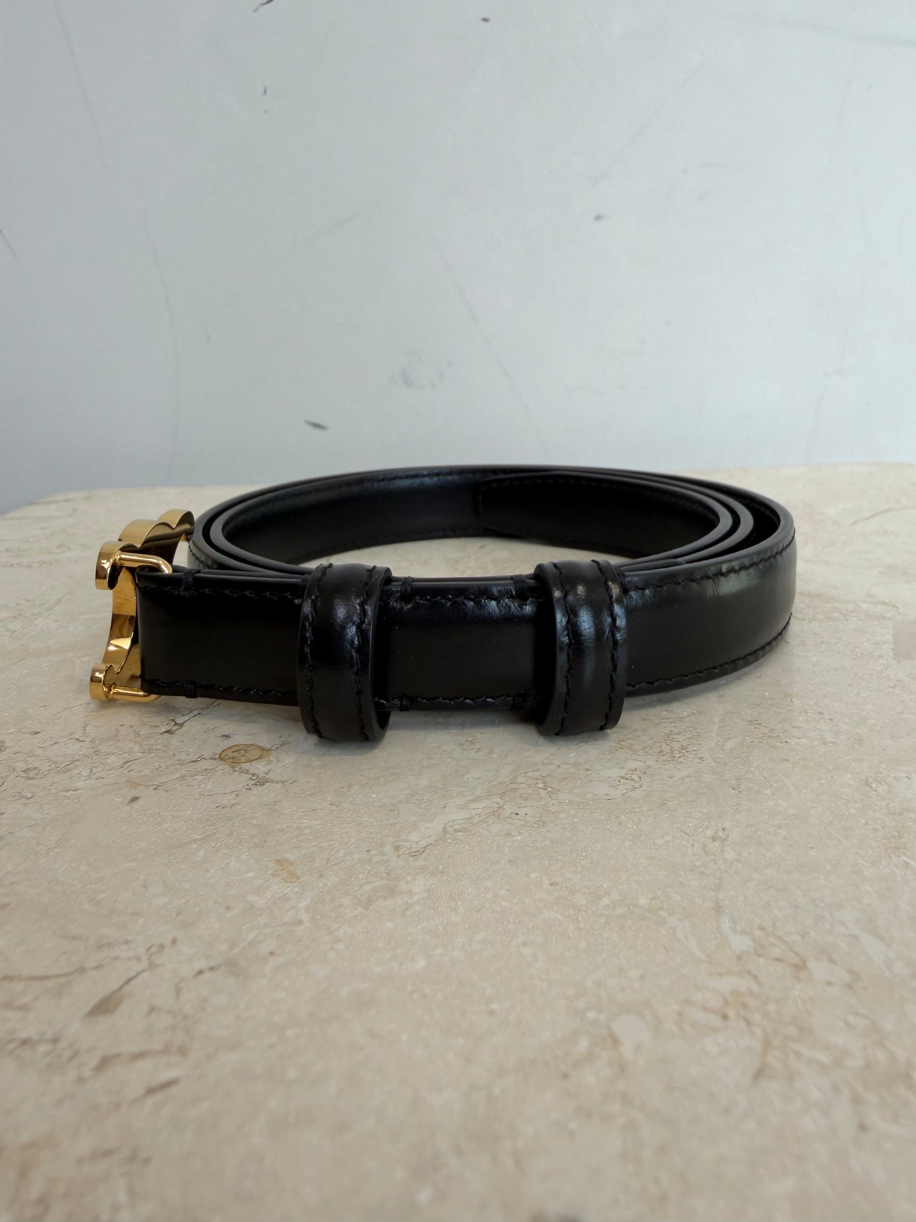 Celine Black Leather Triomphe Logo belt, 75