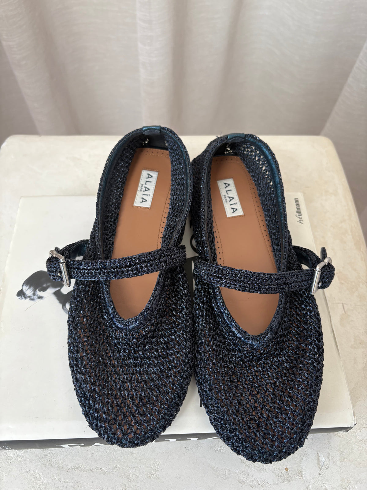 Alaïa Navy Metallic Crochet Ballet Flats, 38