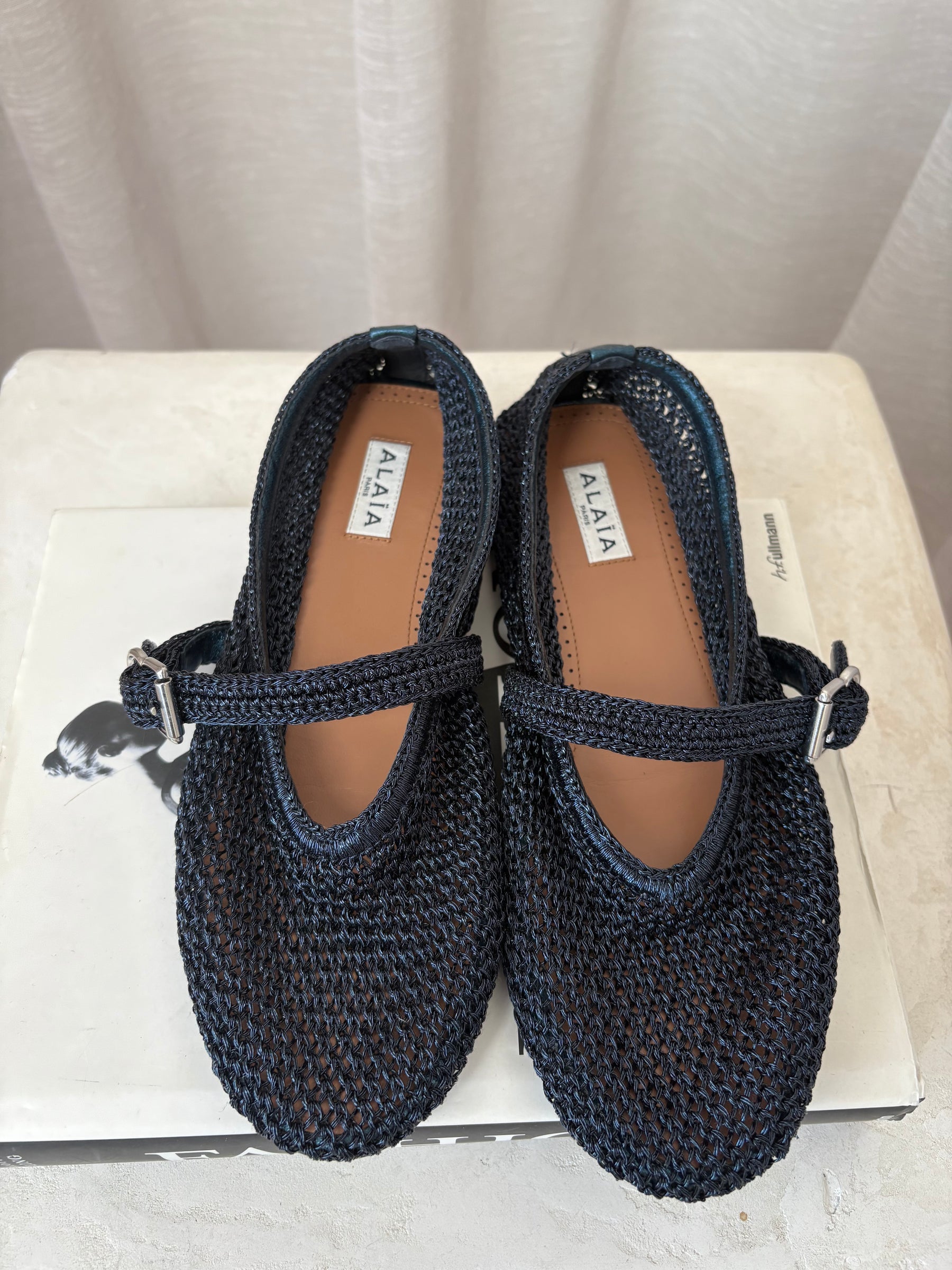 Alaïa Navy Metallic Crochet Ballet Flats, 38