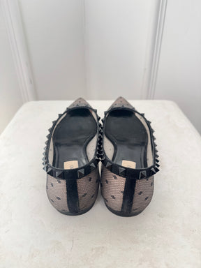Valentino Garavani Black Mesh Spotted Rockstud Flats, 39