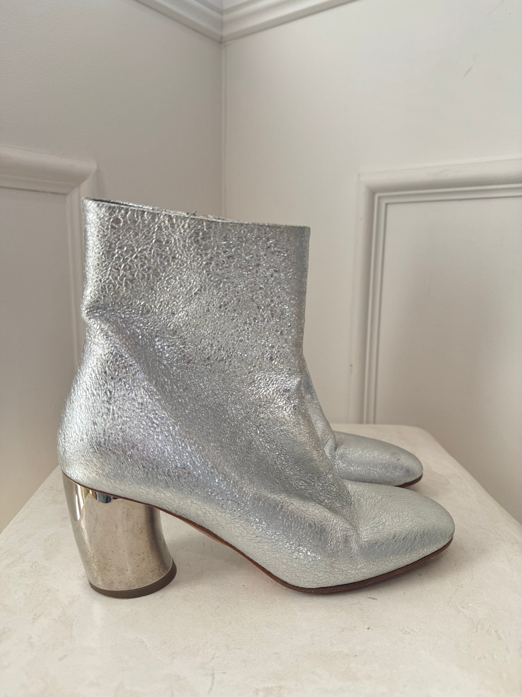 Proenza Schouler Silver Crinkle Heeled Ankle Boots, 38