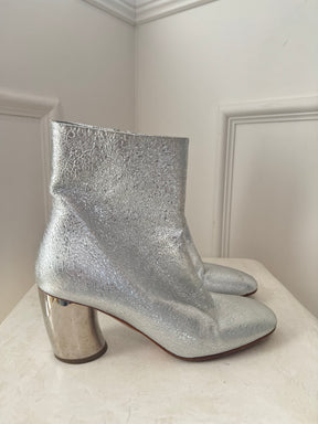 Proenza Schouler Silver Crinkle Heeled Ankle Boots, 38