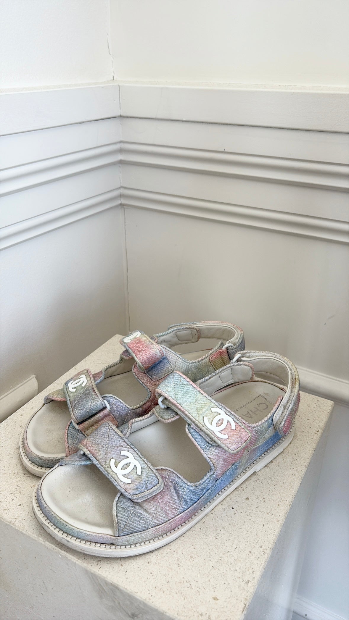 Chanel Pastel Canvas Logo Dad Sandals, 38
