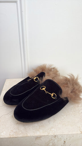 Gucci Velvet Shearling Princetown Mules, 41