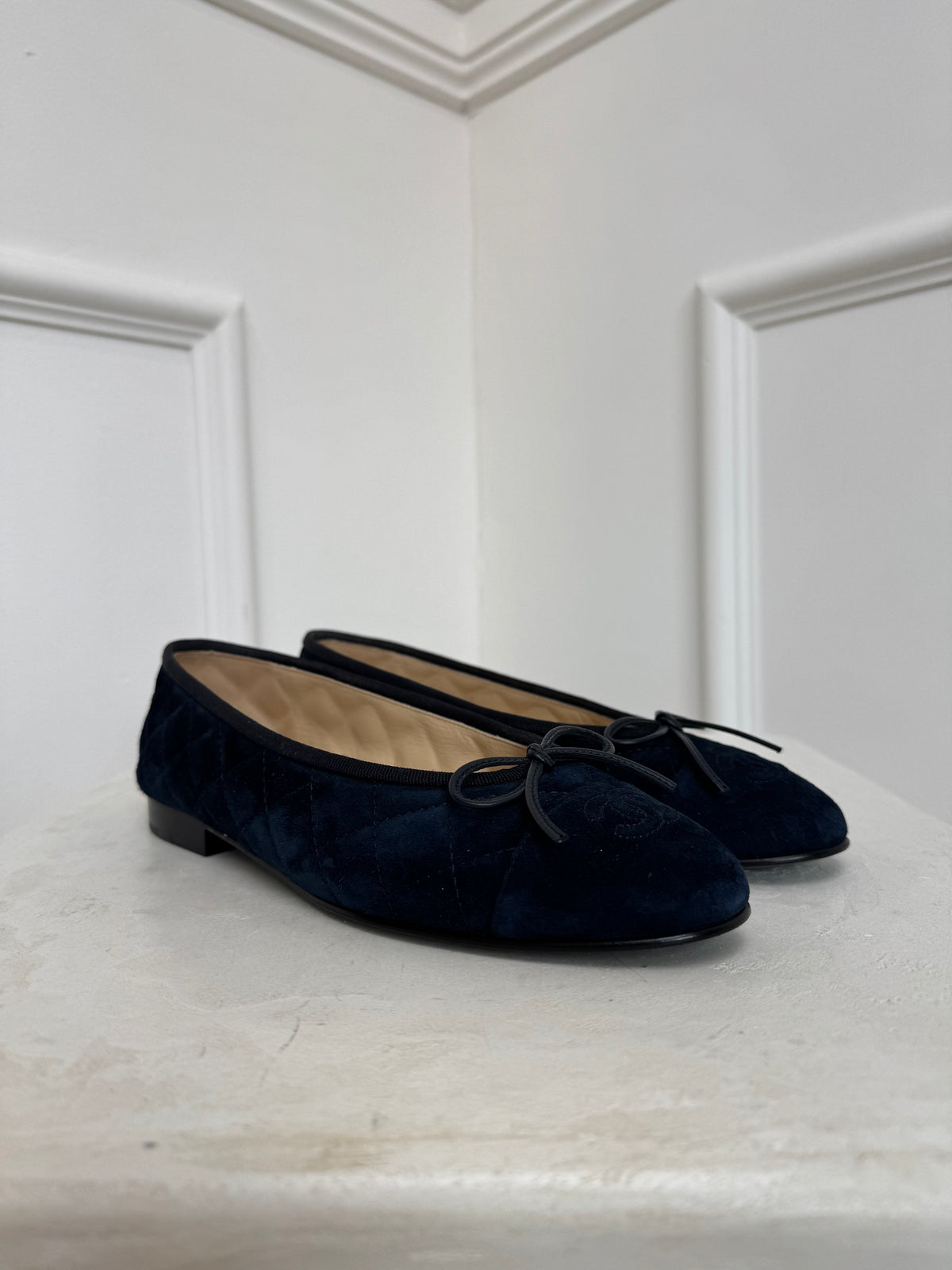 Chanel Navy Suede Quilted Ballet Flats, 38
