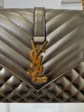Saint Laurent Pewter Grained Leather Tri-QuiltEnvelope Bag
