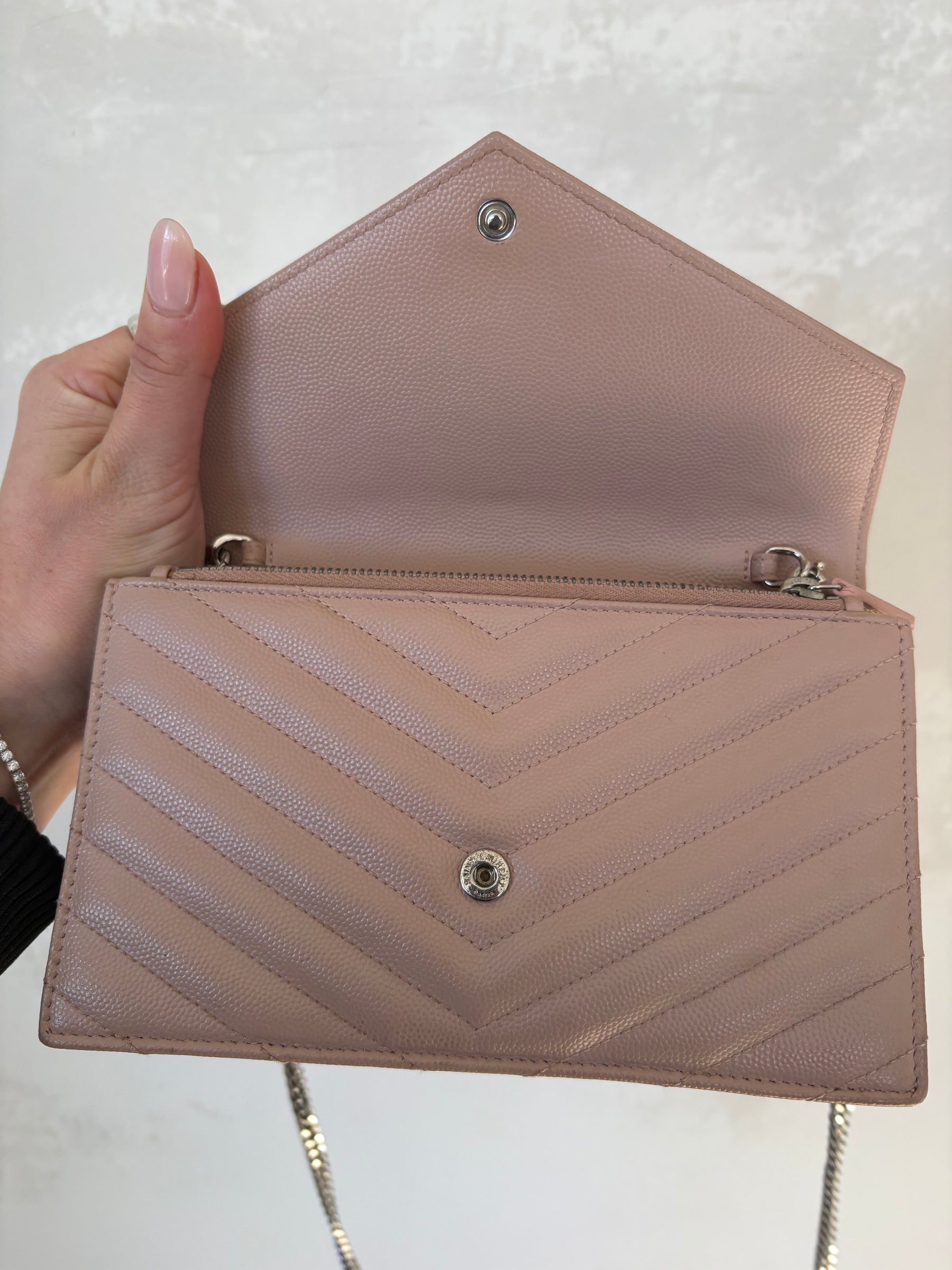 YSL Chevron WOC In Blush Silver Hardware