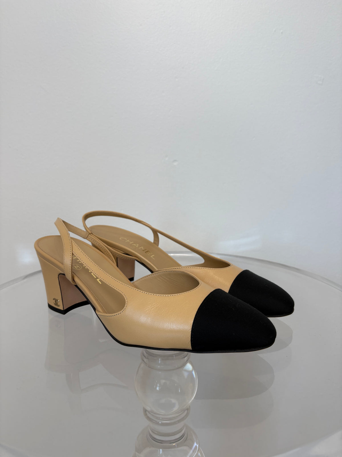 Chanel Beige Leather and Black Heeled Slingback, 40C