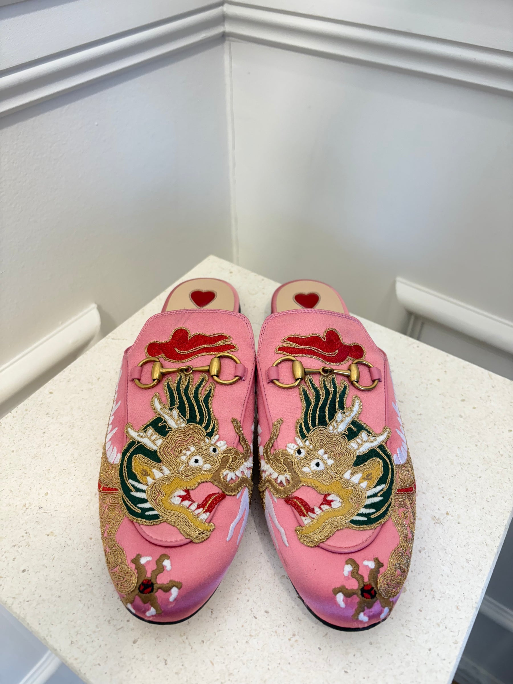 Gucci Pink Satin Dragon Embroidered Princeton Mules, 37.5