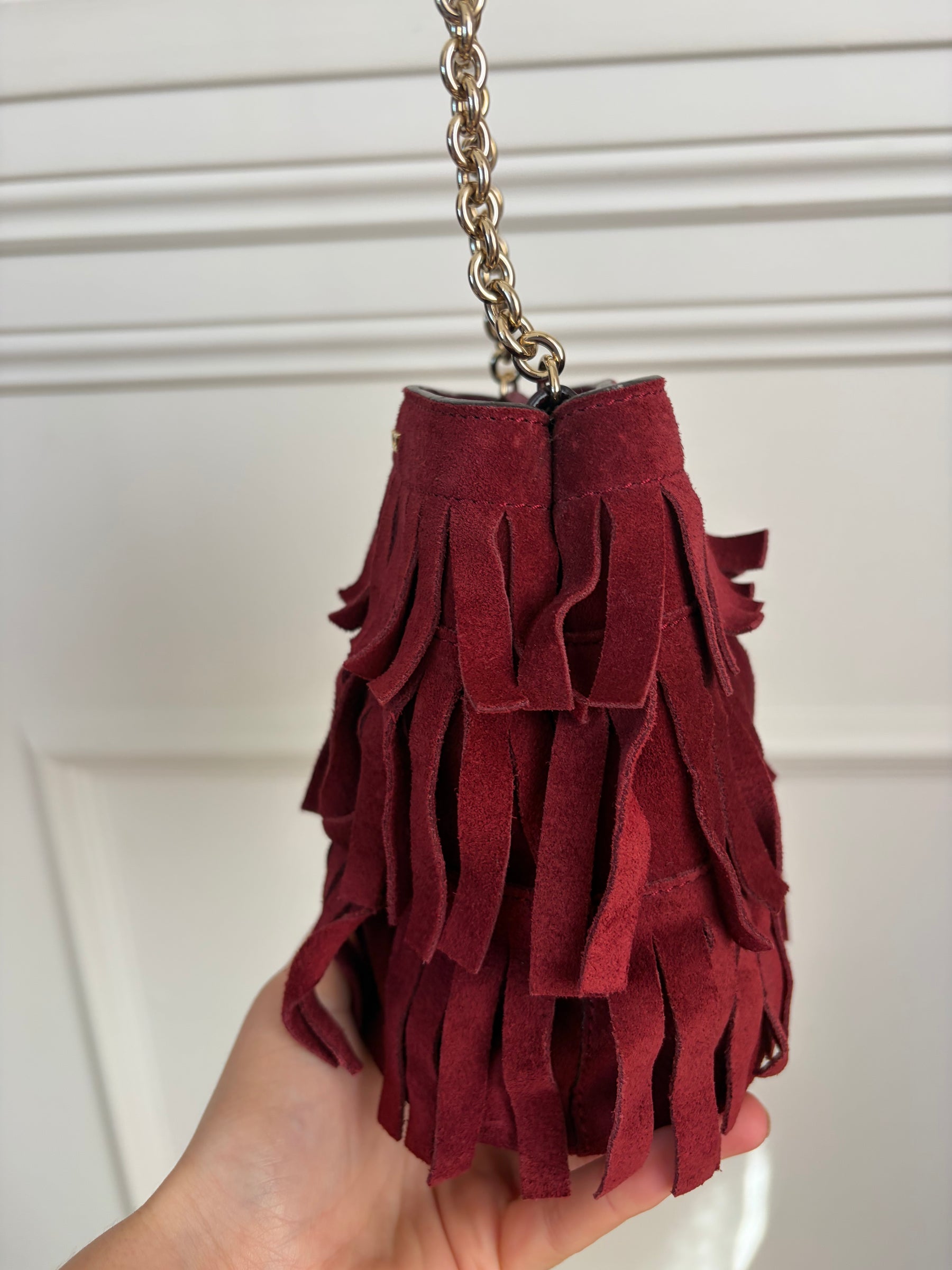 Burberry Red Suede Fringed Mini Bucket bag