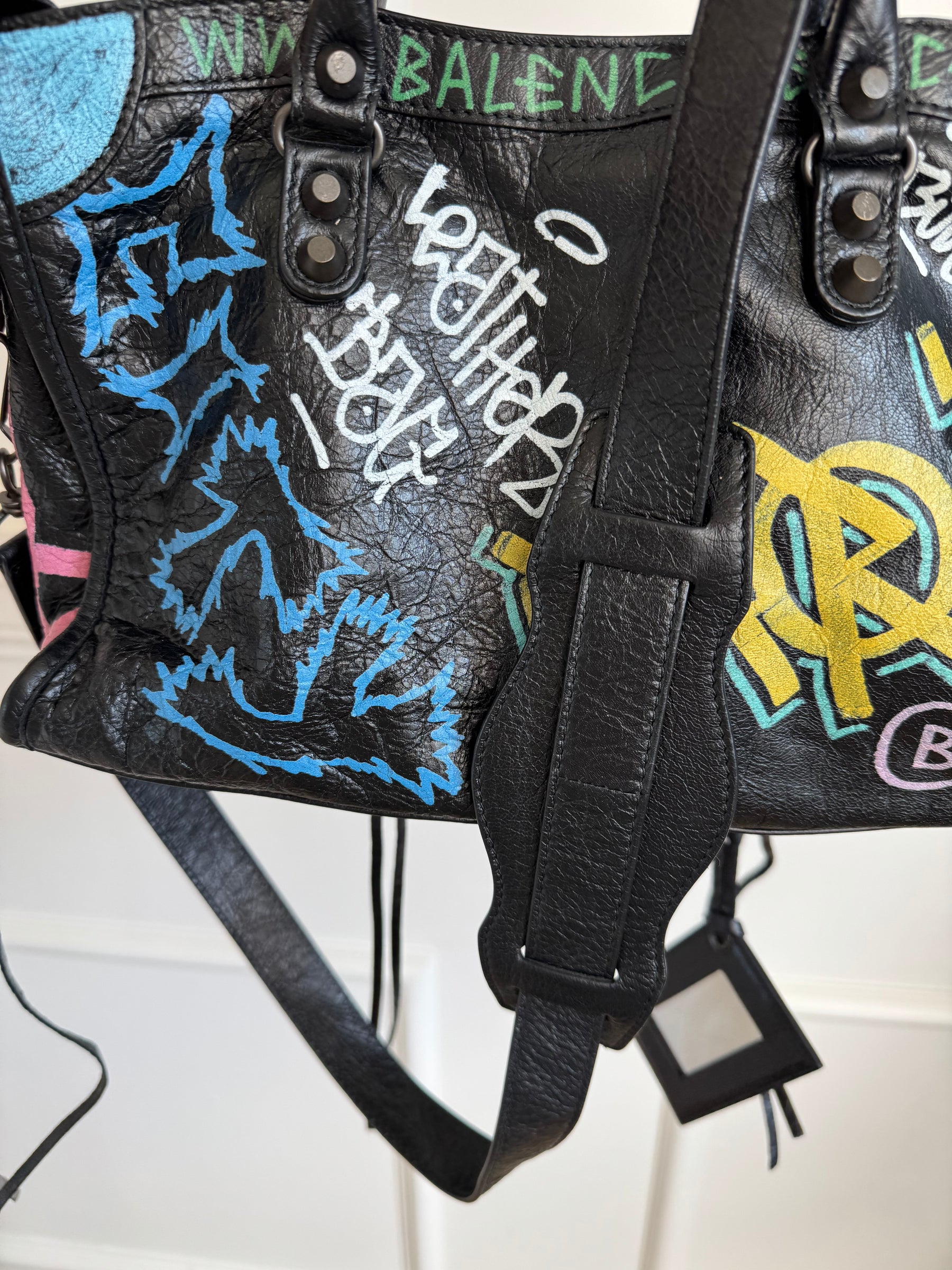 Balenciaga Black Crinkled Leather Graffiti Print City Bag