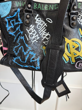 Balenciaga Black Crinkled Leather Graffiti Print City Bag